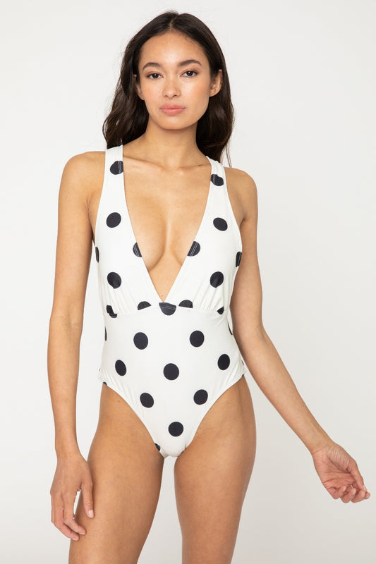 Marina West Swim Beachy Keen Polka Dot Tied Plunge One-Piece Swimsuit – Retro Style with Removable Padding