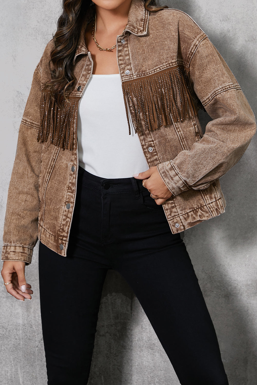 Fringe Trim Snap Down Denim Jacket – Effortless Style with a Touch of Boho