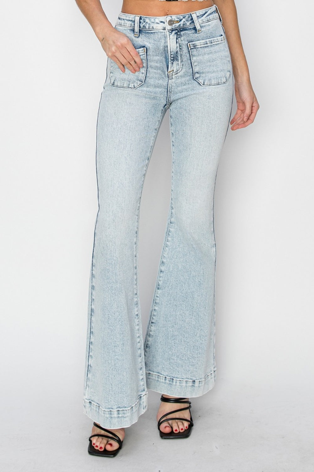 Risen High Rise Front Patch Pocket Flare Jeans – Luxe Denim for Every Occasion