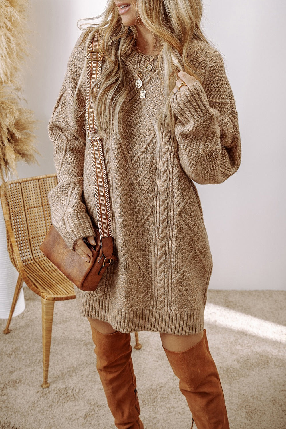 Cable-Knit Round Neck Sweater Dress – Cozy and Stylish All-in-One