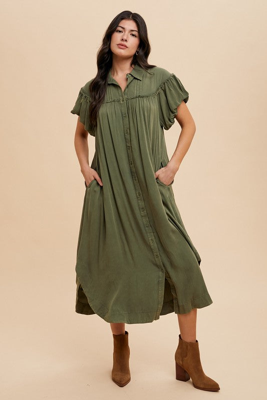 Annie Wear Mineral Washed Button Down Puff Sleeve Shirt Dress – Trendy & Versatile