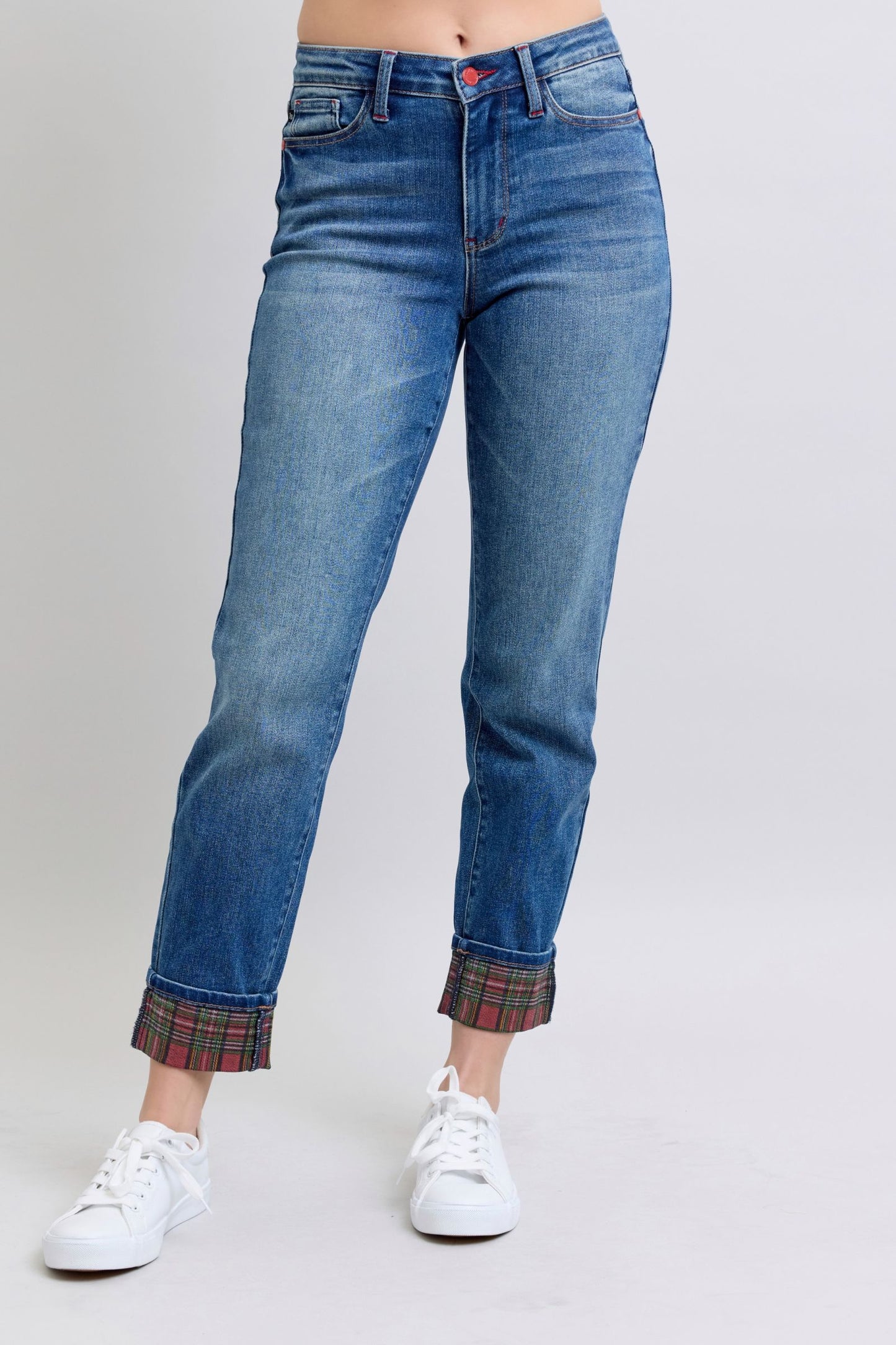 Judy Blue Full Size Plaid Print Cuff Straight Leg Jeans with Pockets – Trendy & Comfortable