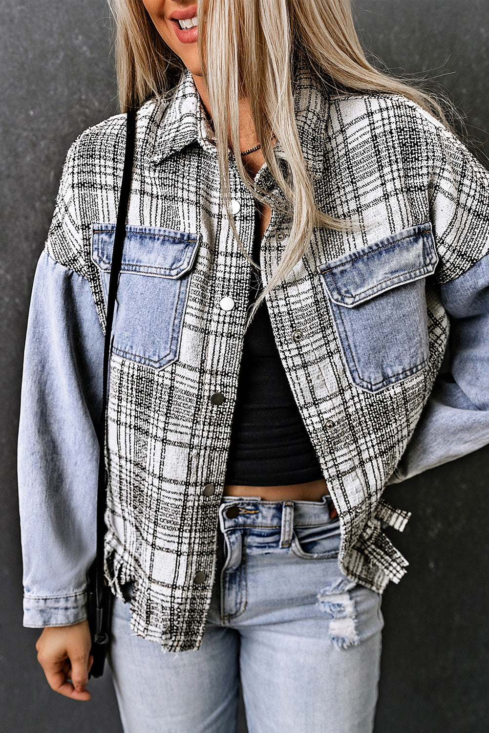 Plaid Pocketed Snap Down Denim Jacket with Fringe – Effortlessly Stylish Outerwear