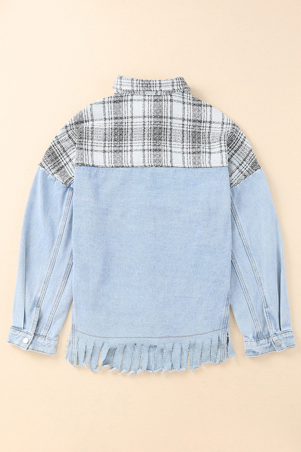 Plaid Pocketed Snap Down Denim Jacket with Fringe – Effortlessly Stylish Outerwear