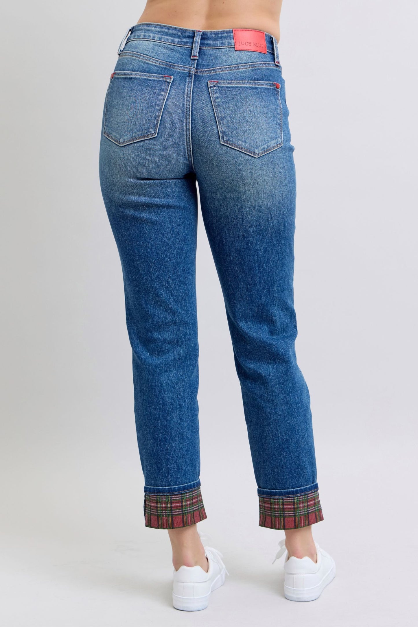 Judy Blue Full Size Plaid Print Cuff Straight Leg Jeans with Pockets – Trendy & Comfortable