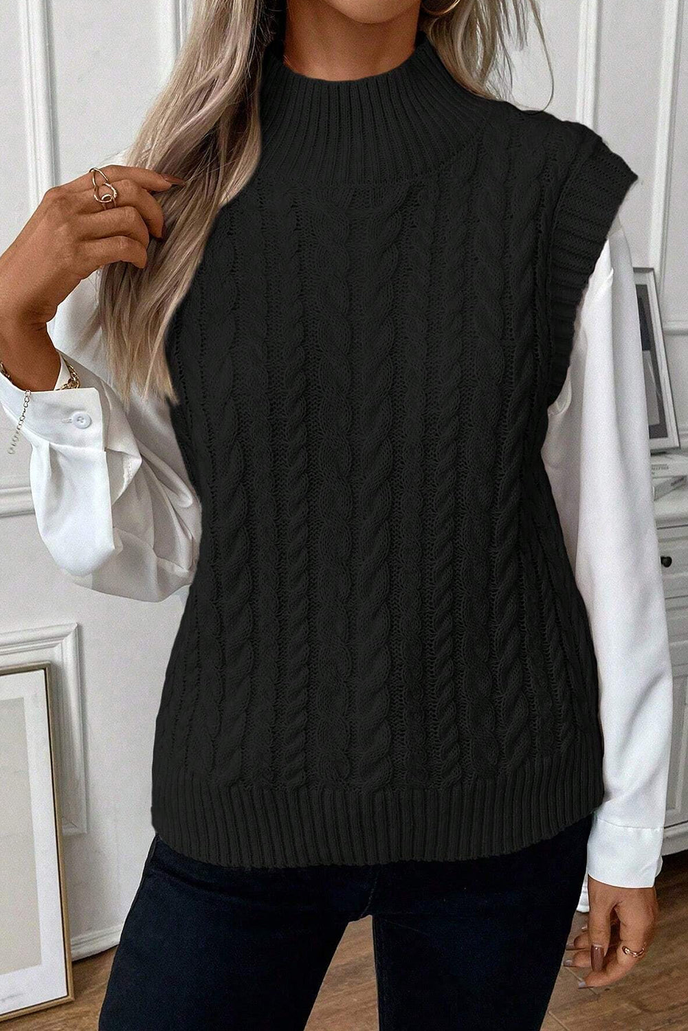 Cable-Knit Mock Neck Sweater Vest – Chic and Comfortable Layering Essential