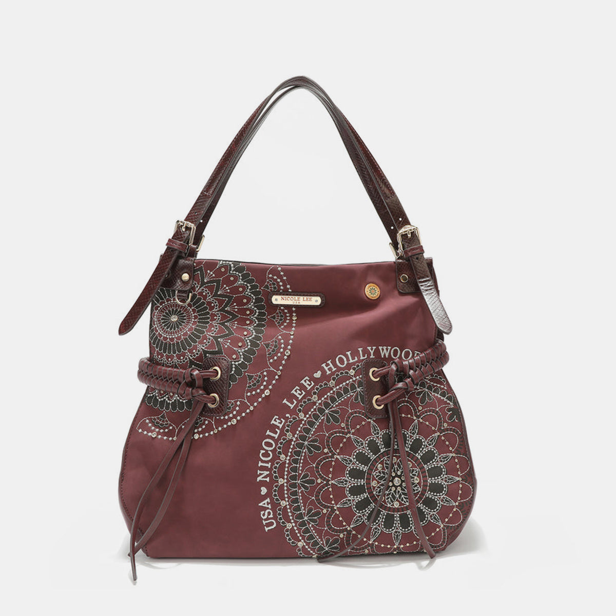 Nicole Lee USA Side Braided Tassel Rhinestone Embroidery Hobo Bag