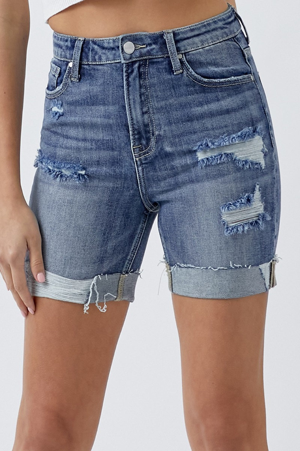 RISEN Distressed Rolled Denim Shorts with Pockets – Casual Summer Style for Every Occasion