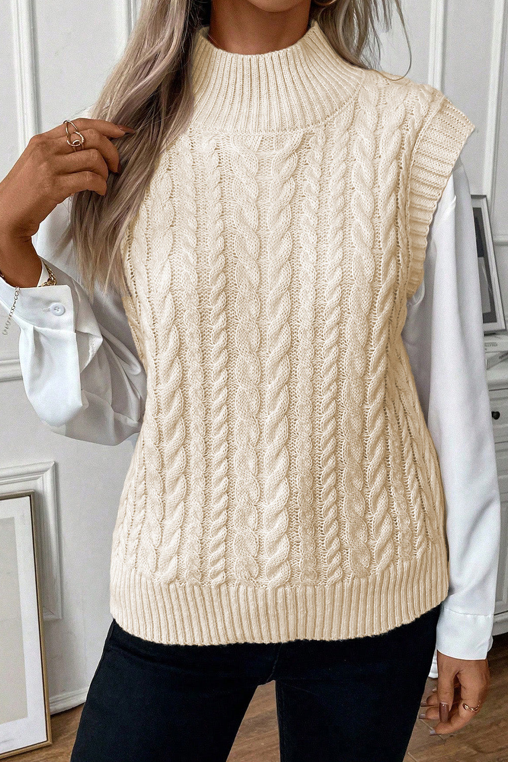 Cable-Knit Mock Neck Sweater Vest – Chic and Comfortable Layering Essential