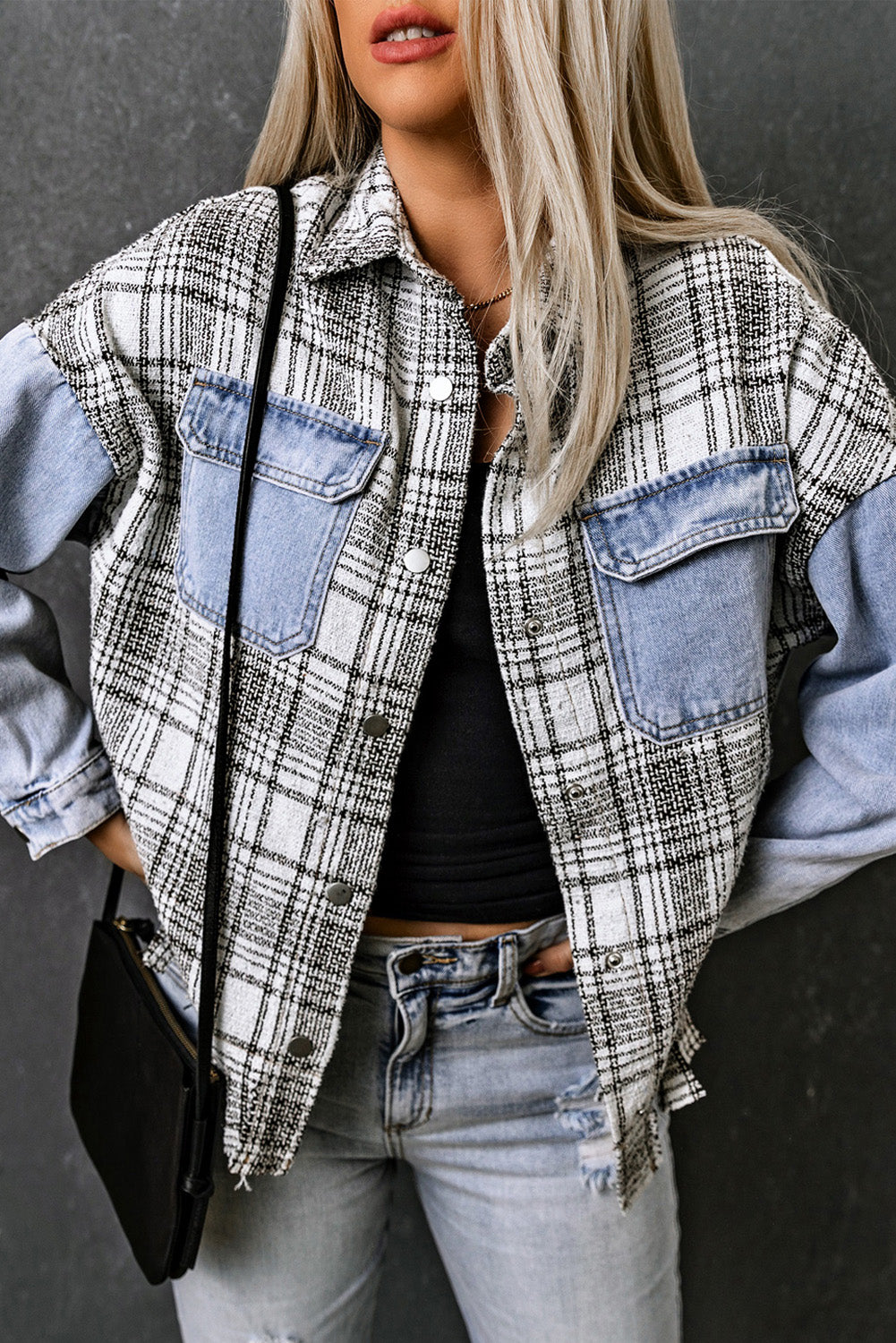 Plaid Pocketed Snap Down Denim Jacket with Fringe – Effortlessly Stylish Outerwear