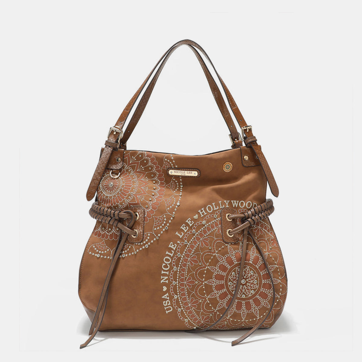 Nicole Lee USA Side Braided Tassel Rhinestone Embroidery Hobo Bag