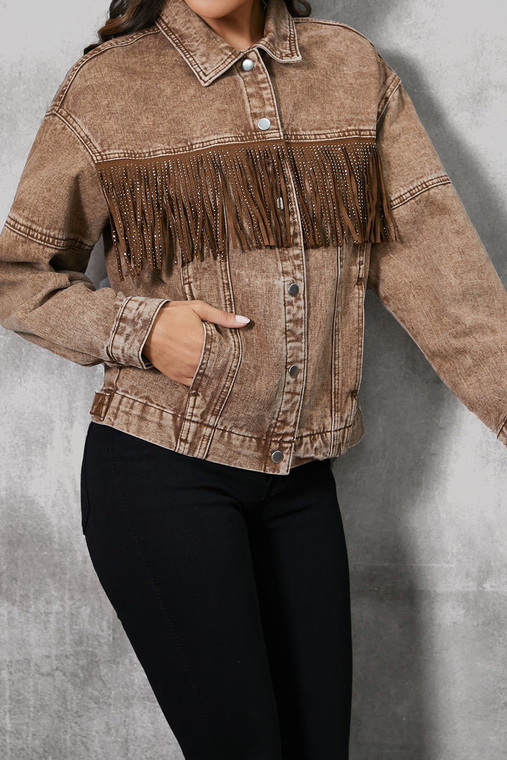 Fringe Trim Snap Down Denim Jacket – Effortless Style with a Touch of Boho