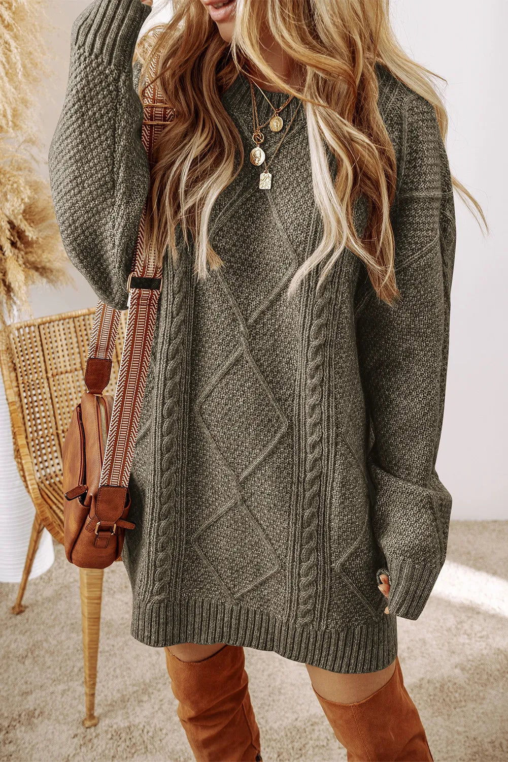 Cable-Knit Round Neck Sweater Dress – Cozy and Stylish All-in-One