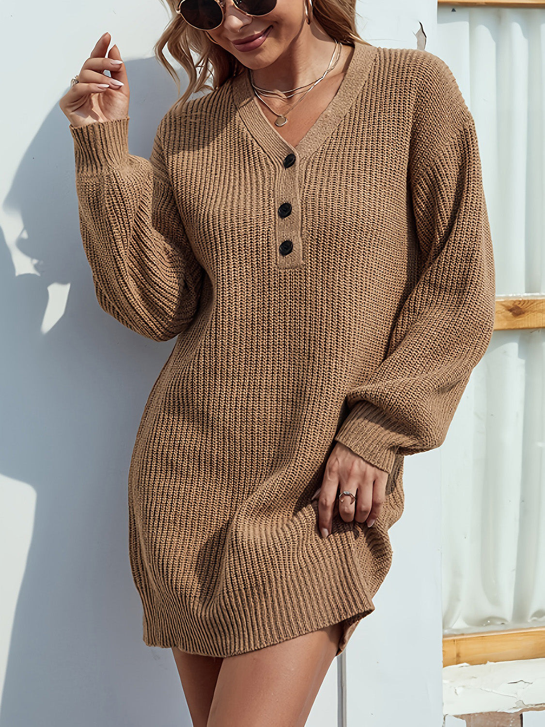 V-Neck Dropped Shoulder Mini Sweater Dress – Casual Elegance for Every Day