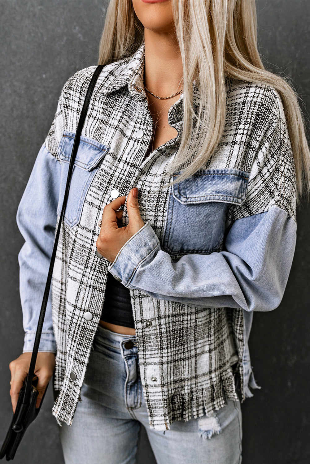 Plaid Pocketed Snap Down Denim Jacket with Fringe – Effortlessly Stylish Outerwear