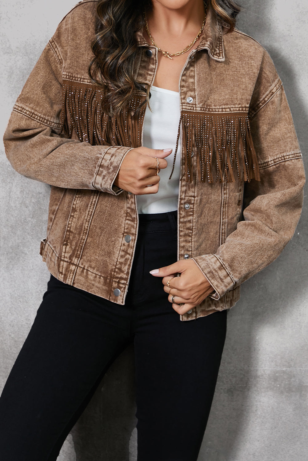 Fringe Trim Snap Down Denim Jacket – Effortless Style with a Touch of Boho