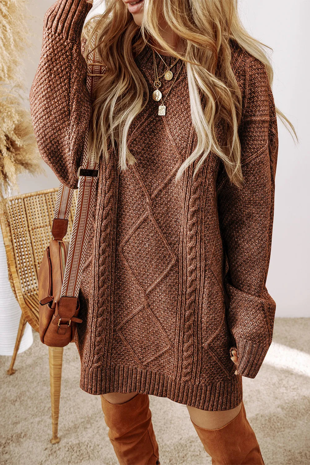 Cable-Knit Round Neck Sweater Dress – Cozy and Stylish All-in-One