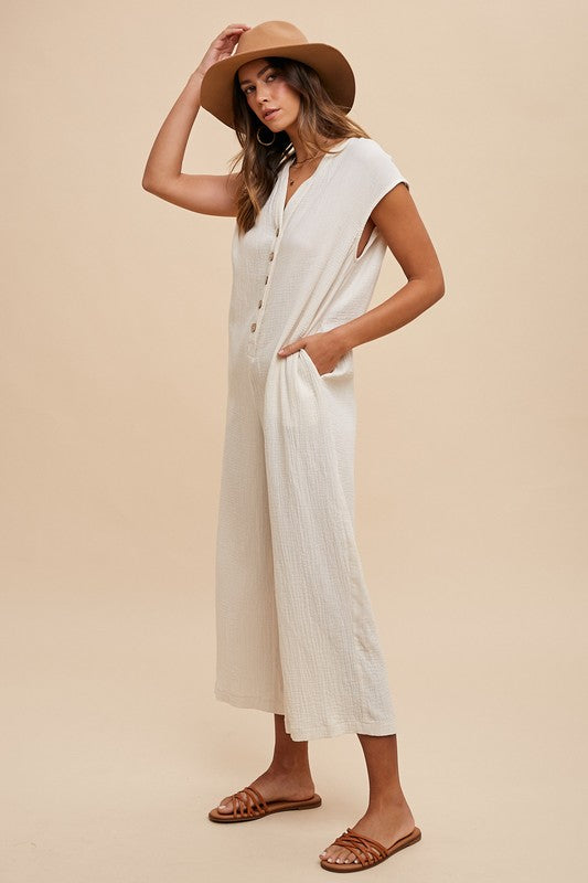 Annie Wear Button Detail Wide Leg Jumpsuit with Pockets – Chic & Comfortable Fashion Essential