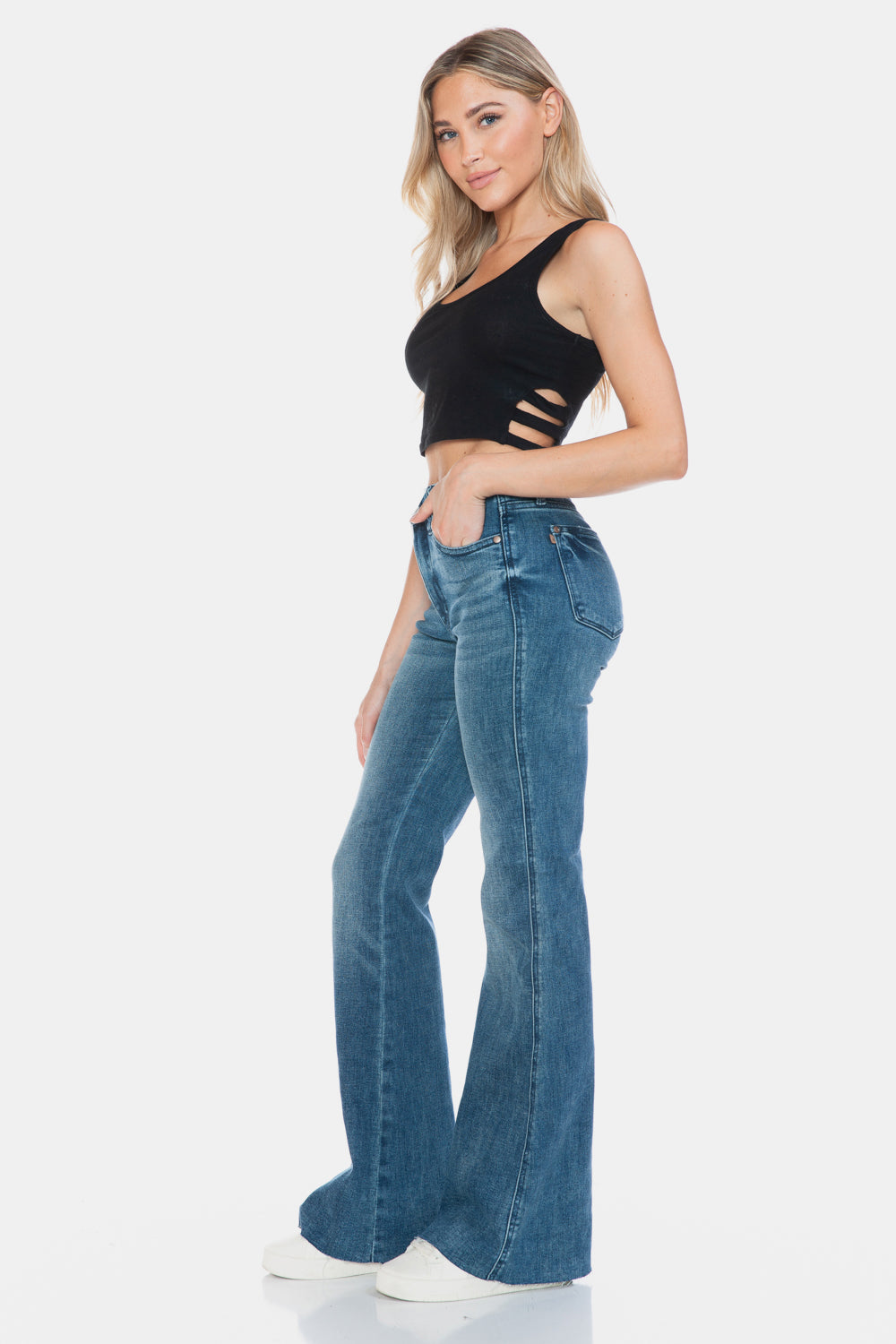 Judy Blue Full Size Tummy Control Cut Hem Flare Jeans – Vintage Wash & Flattering Fit