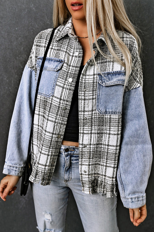 Plaid Pocketed Snap Down Denim Jacket with Fringe – Effortlessly Stylish Outerwear