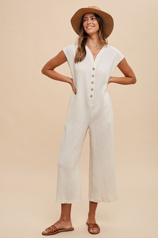 Annie Wear Button Detail Wide Leg Jumpsuit with Pockets – Chic & Comfortable Fashion Essential