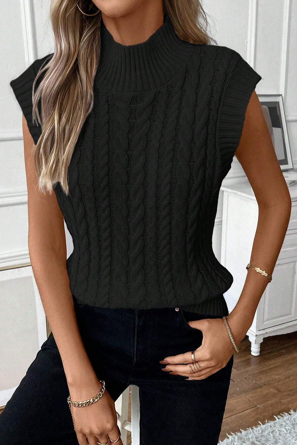 Cable-Knit Mock Neck Sweater Vest – Chic and Comfortable Layering Essential