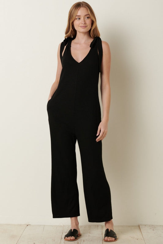 Mittoshop Rib Knit V-Neck Cross Back Jumpsuit – Trendy & Comfortable One-Piece