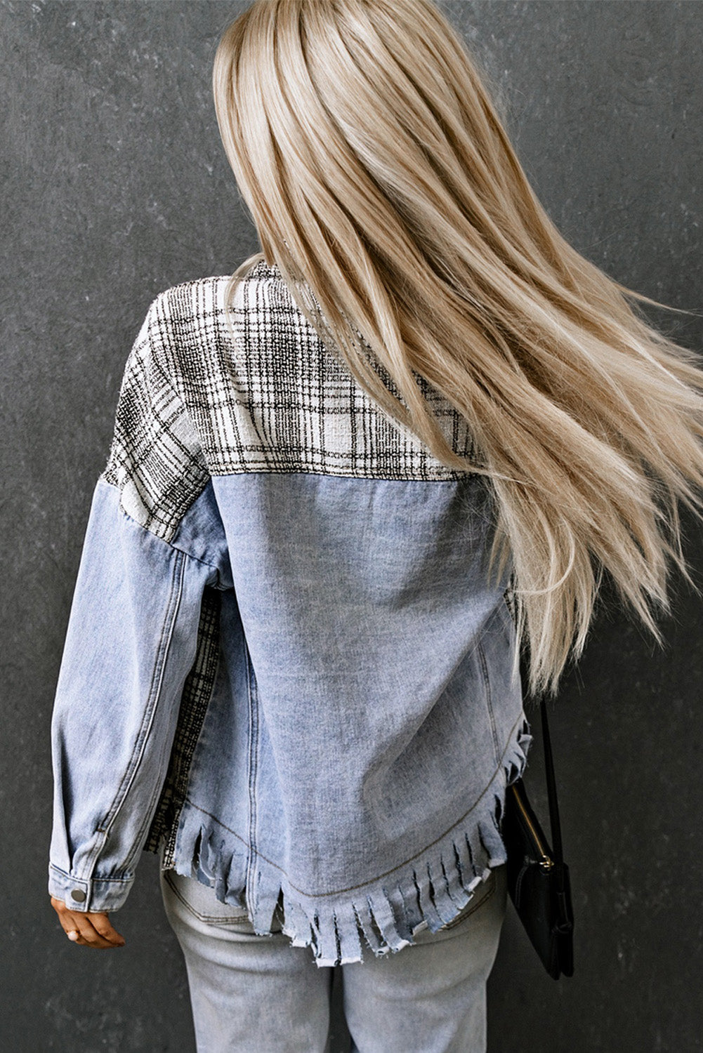 Plaid Pocketed Snap Down Denim Jacket with Fringe – Effortlessly Stylish Outerwear