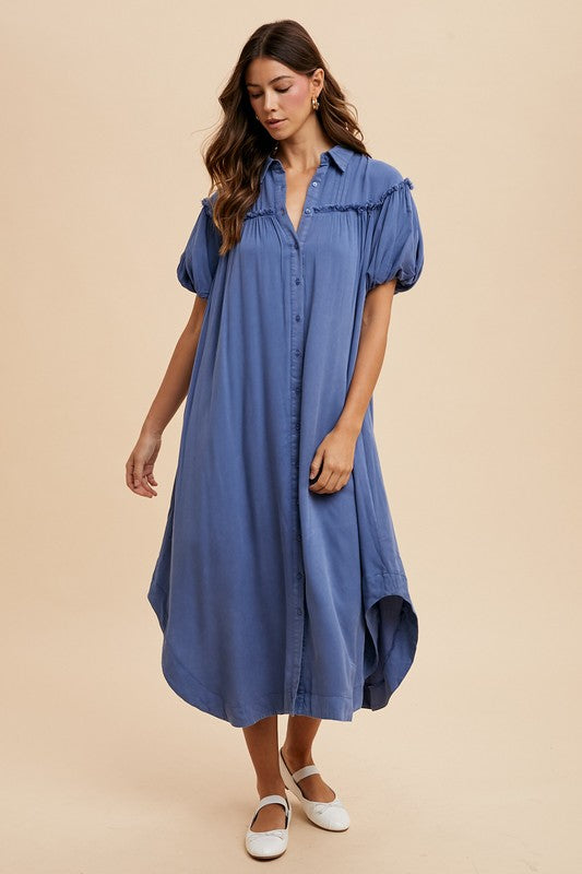 Annie Wear Mineral Washed Button Down Puff Sleeve Shirt Dress – Chic & Versatile