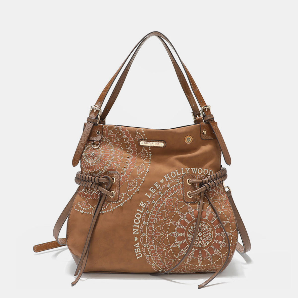 Nicole Lee USA Side Braided Tassel Rhinestone Embroidery Hobo Bag