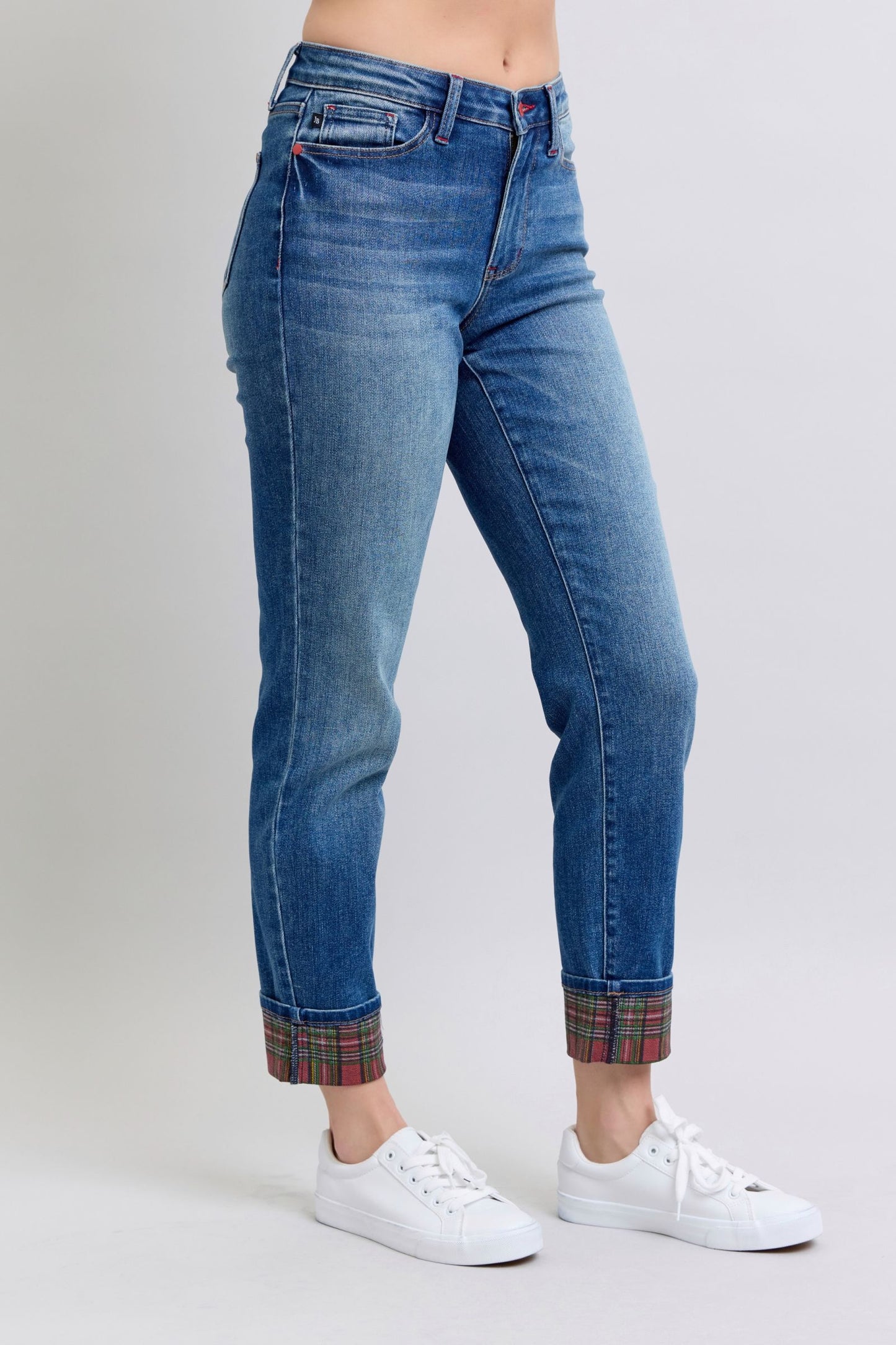 Judy Blue Full Size Plaid Print Cuff Straight Leg Jeans with Pockets – Trendy & Comfortable