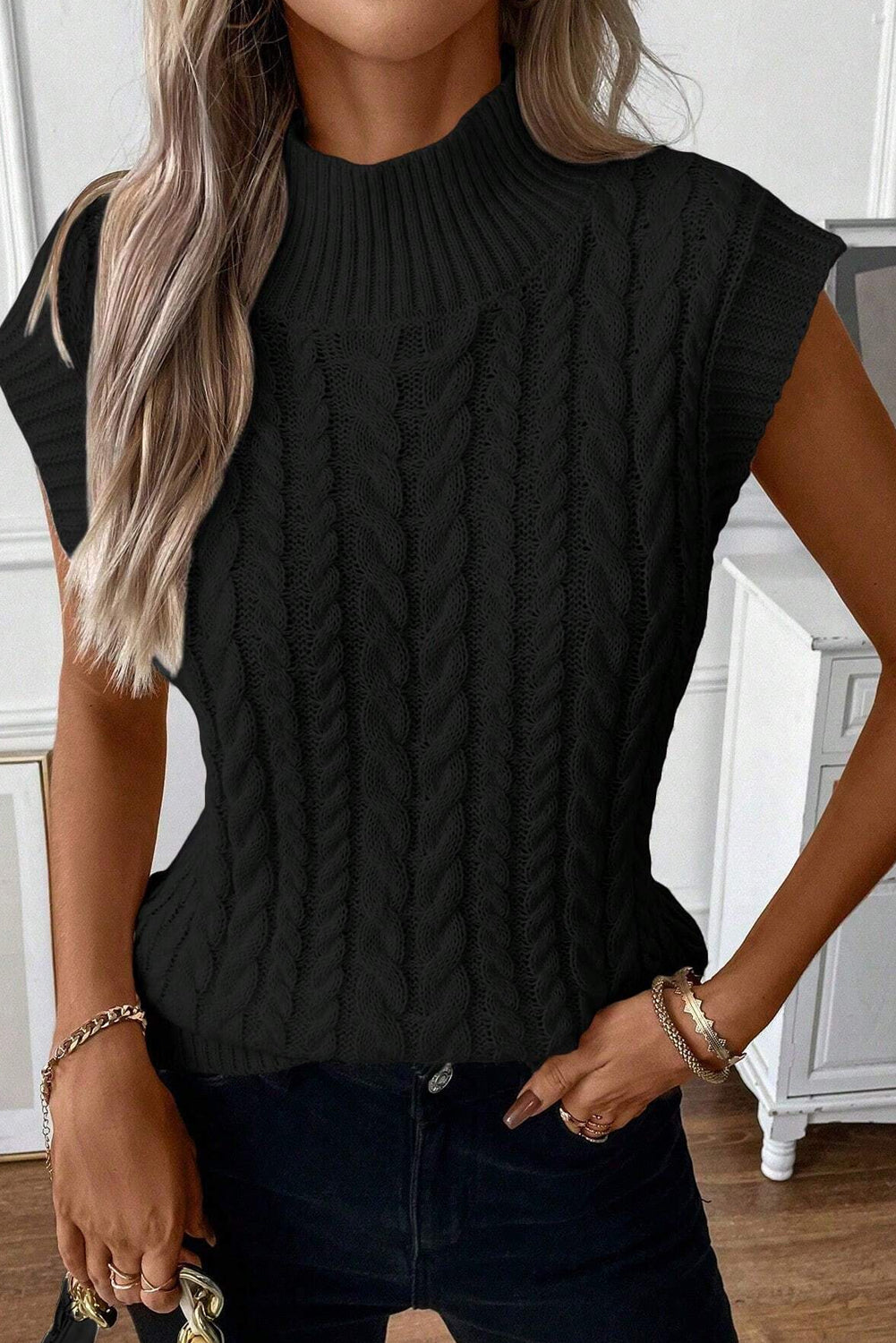 Cable-Knit Mock Neck Sweater Vest – Chic and Comfortable Layering Essential