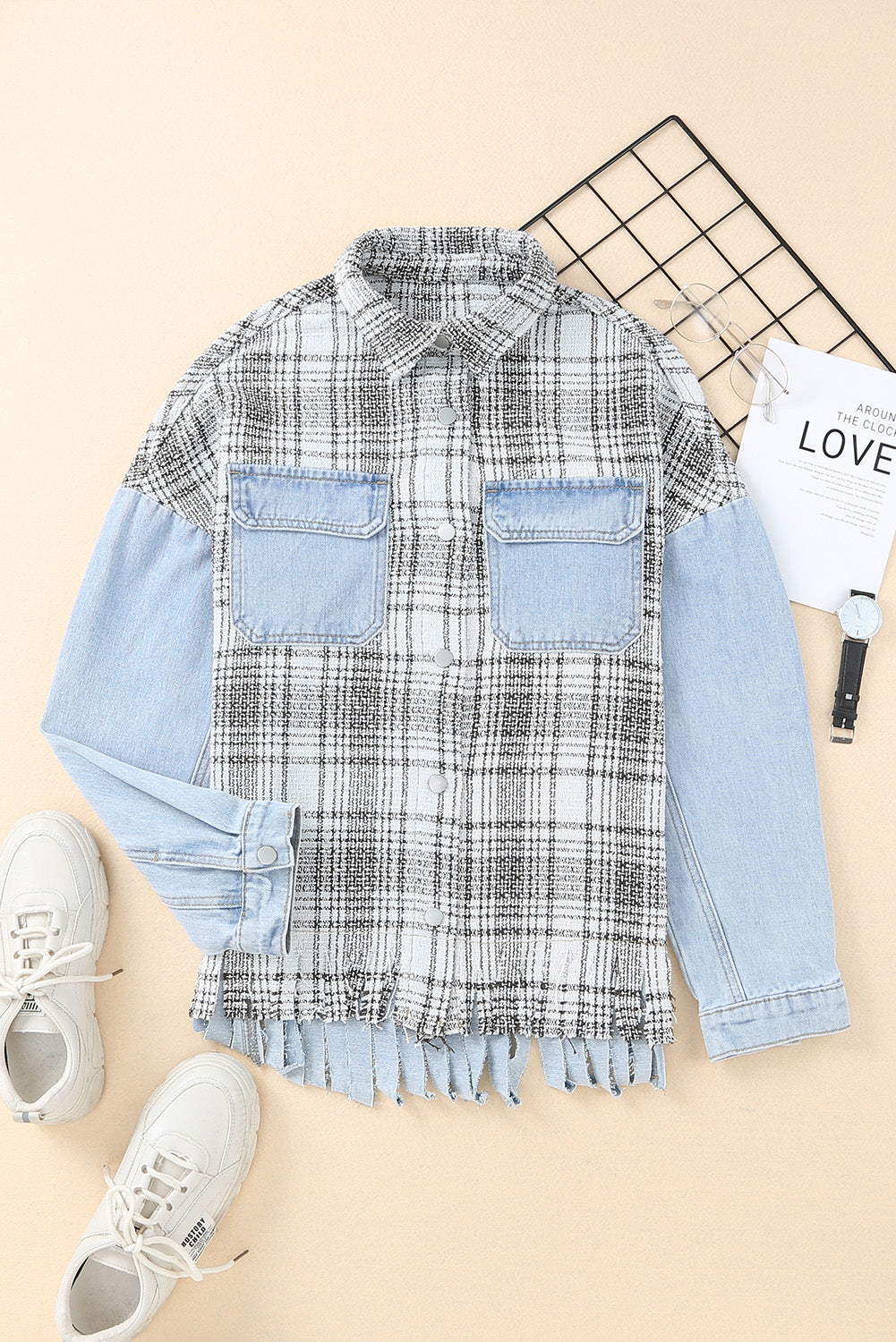 Plaid Pocketed Snap Down Denim Jacket with Fringe – Effortlessly Stylish Outerwear