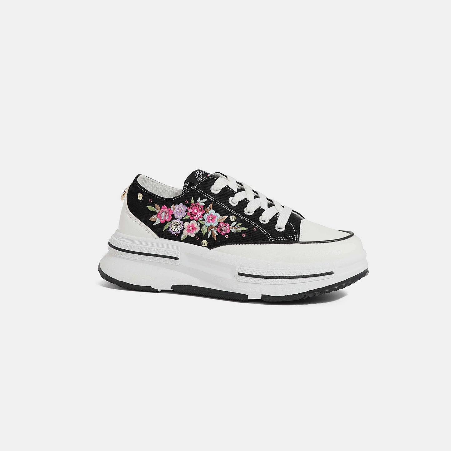 Nicole Lee USA Embroidery Detail Platform Lace-Up Sneakers – Floral Sequin & Bead Embellished Flats