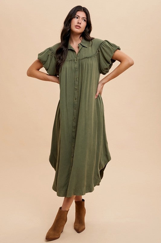 Annie Wear Mineral Washed Button Down Puff Sleeve Shirt Dress – Trendy & Versatile