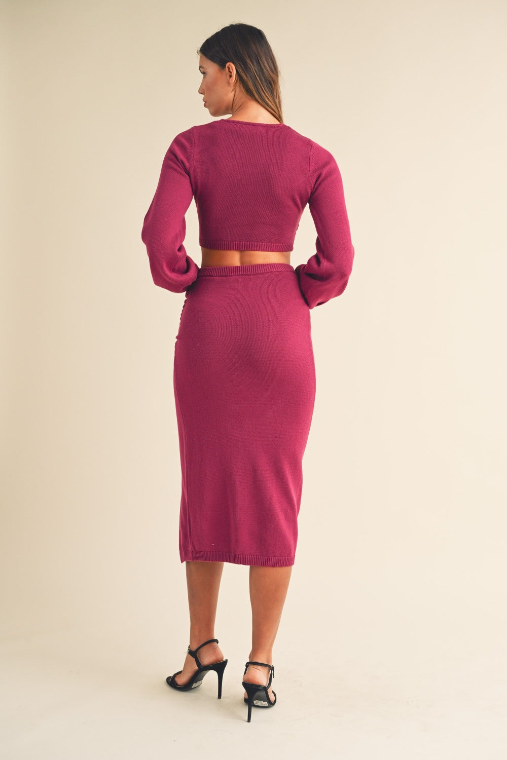 MABLE Front Twisted Knit Top and Midi Skirt Set – Elegant Two-Piece Outfit