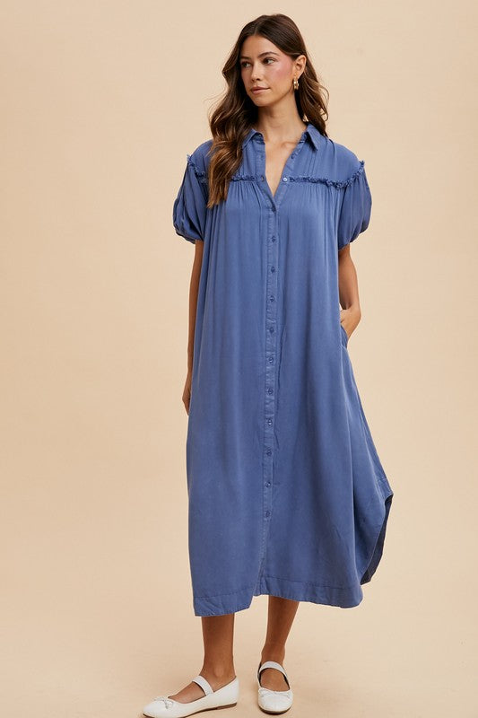 Annie Wear Mineral Washed Button Down Puff Sleeve Shirt Dress – Chic & Versatile