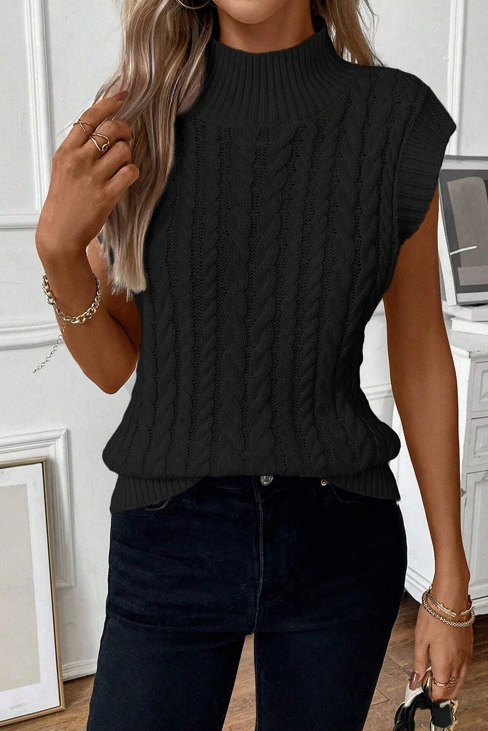 Cable-Knit Mock Neck Sweater Vest – Chic and Comfortable Layering Essential