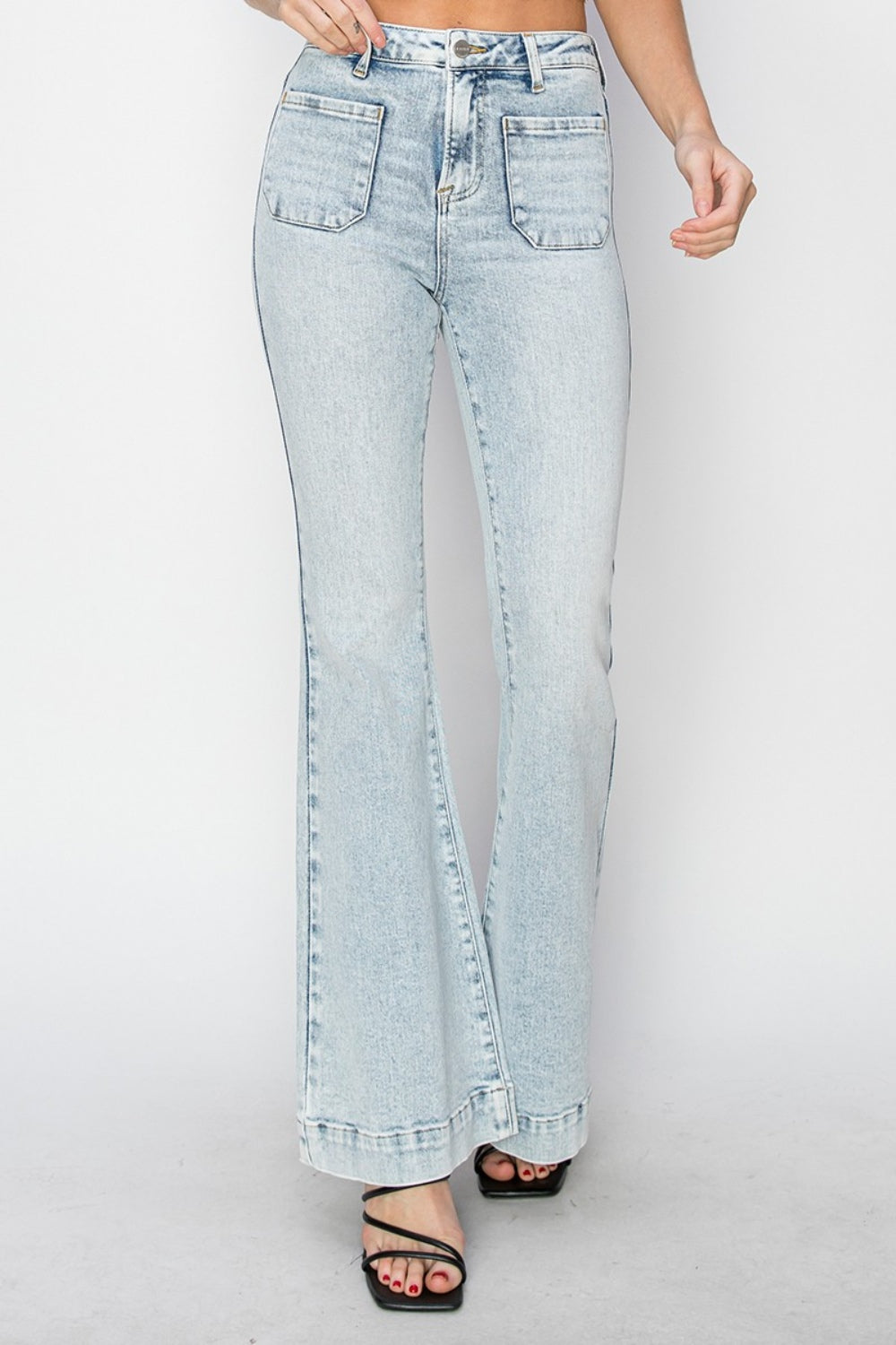 Risen High Rise Front Patch Pocket Flare Jeans – Luxe Denim for Every Occasion