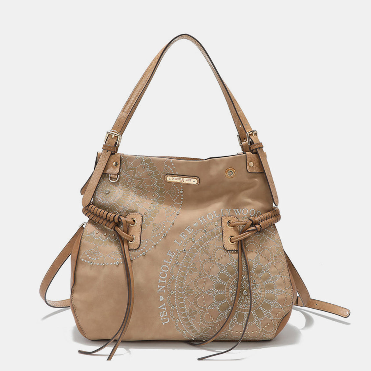 Nicole Lee USA Side Braided Tassel Rhinestone Embroidery Hobo Bag