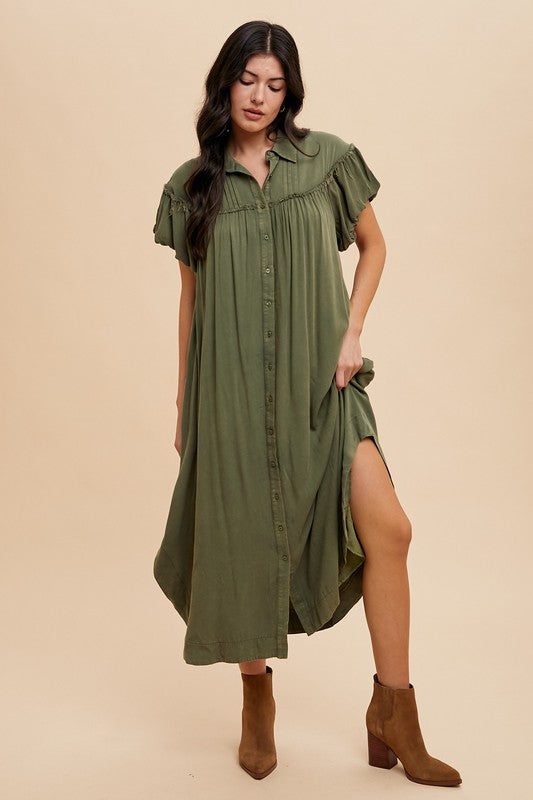 Annie Wear Mineral Washed Button Down Puff Sleeve Shirt Dress – Trendy & Versatile