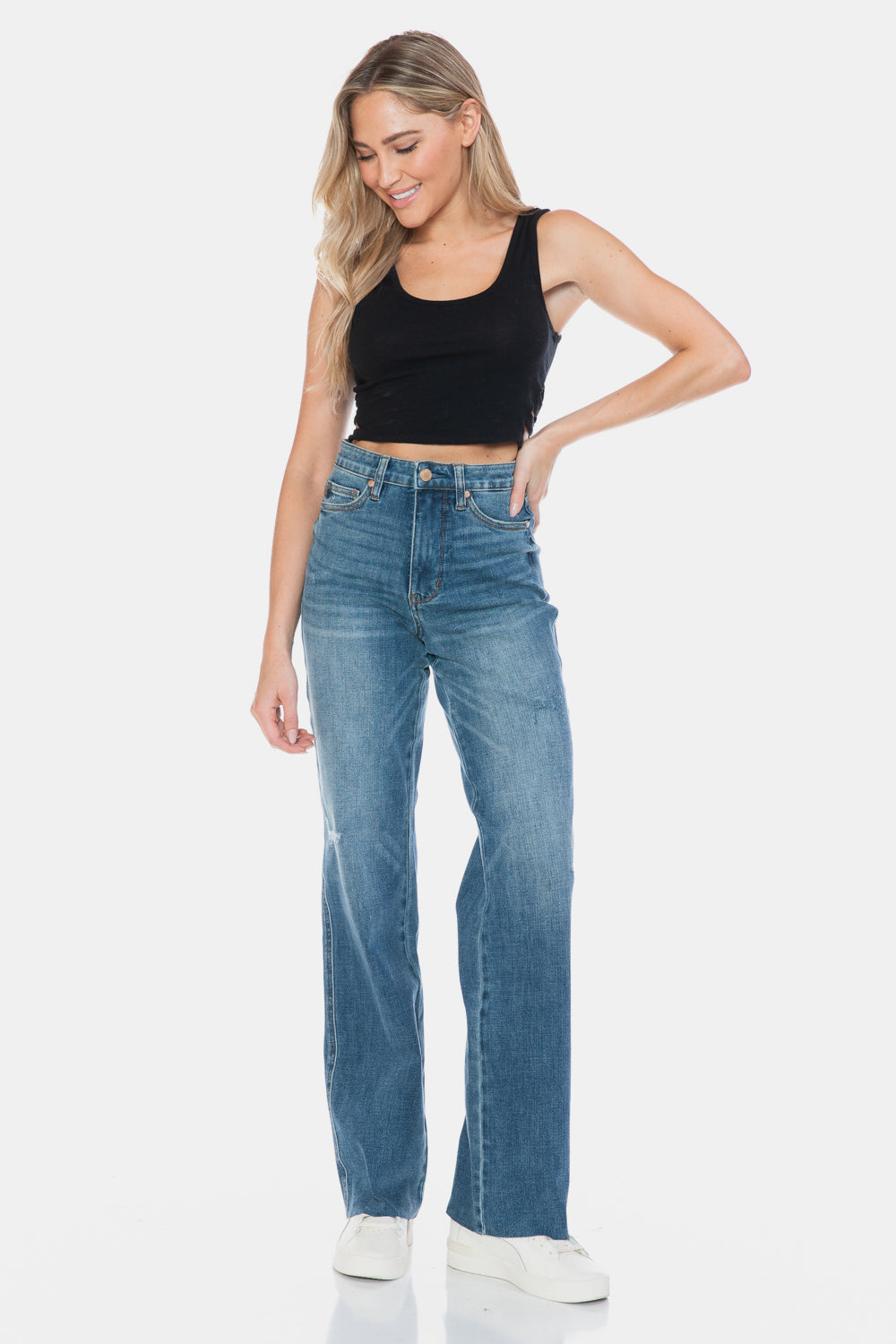 Judy Blue Full Size Tummy Control Cut Raw Hem Straight Jeans – Flattering & Comfortable