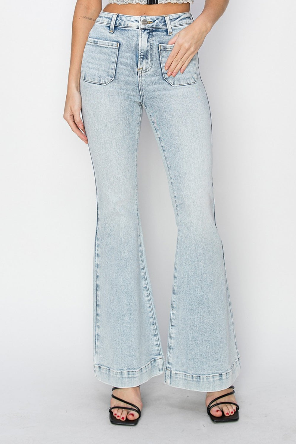 Risen High Rise Front Patch Pocket Flare Jeans – Luxe Denim for Every Occasion