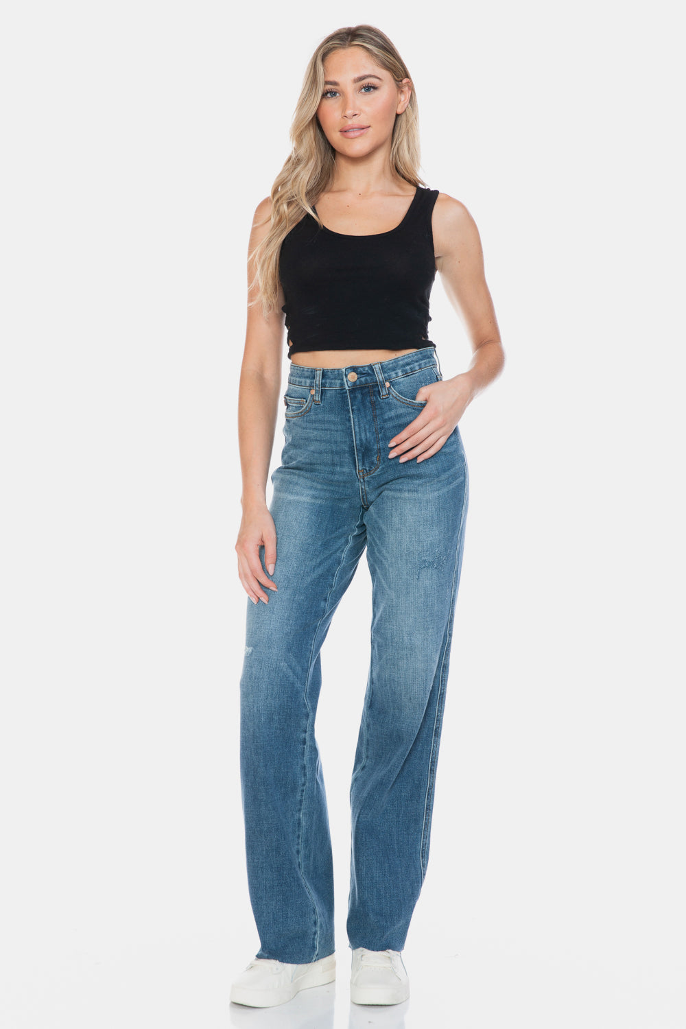 Judy Blue Full Size Tummy Control Cut Raw Hem Straight Jeans – Flattering & Comfortable