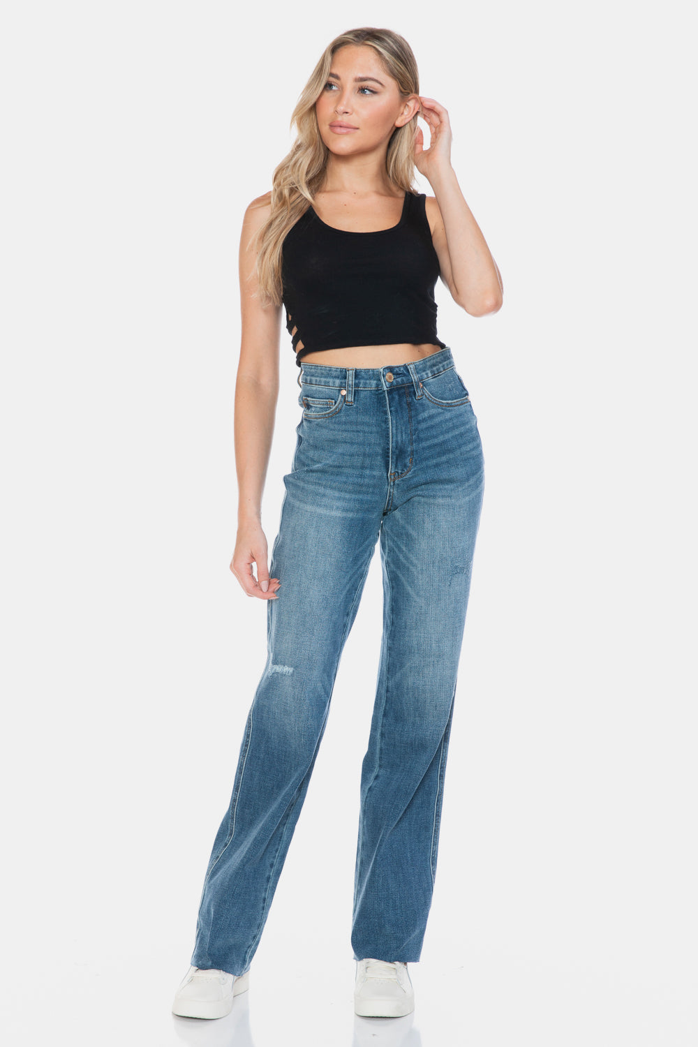 Judy Blue Full Size Tummy Control Cut Raw Hem Straight Jeans – Flattering & Comfortable