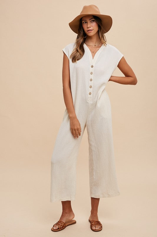 Annie Wear Button Detail Wide Leg Jumpsuit with Pockets – Chic & Comfortable Fashion Essential