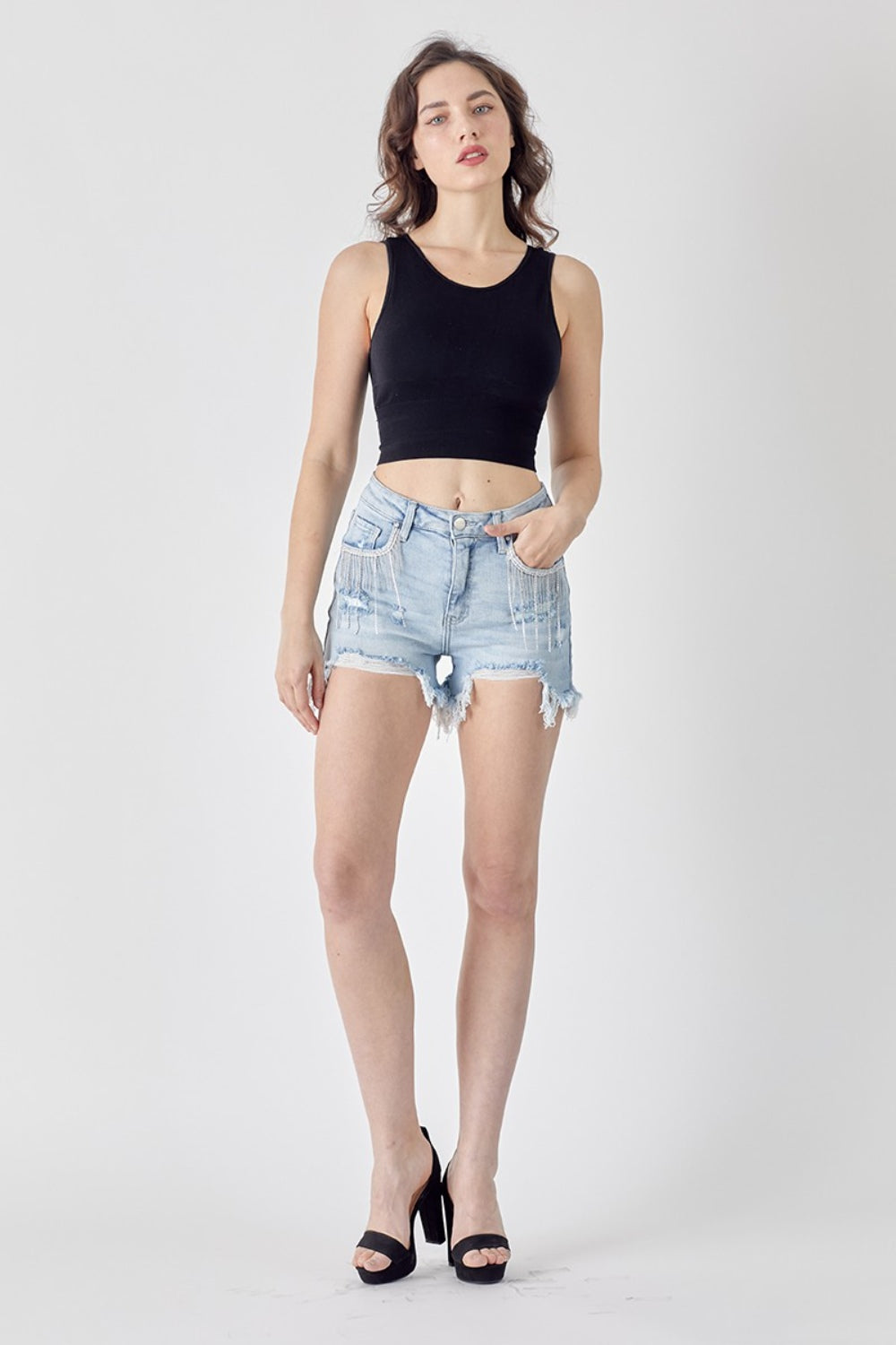 RISEN Frayed Hem Denim Shorts with Fringe Detail Pockets – Trendy Summer Style with a Touch of Glam