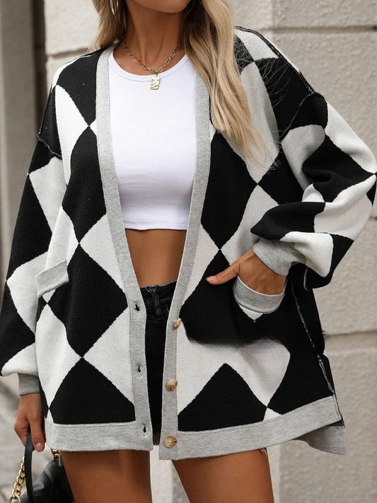 Color Block Button Down Long Sleeve Cardigan – Chic & Versatile Knit Cardigan