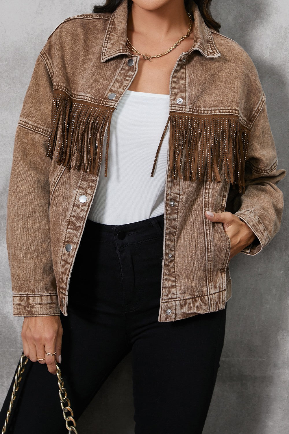 Fringe Trim Snap Down Denim Jacket – Effortless Style with a Touch of Boho